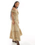 Фото #4 товара ASOS DESIGN off shoulder midi dress with pintucks & crochet trims in washed khaki