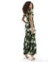 ASOS DESIGN flutter sleeve scoop neck bias maxi dress in black and green floral print