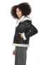 Women's Detachable Hooded Shearling Jacket, Silky Black with White Wool