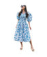 ფოტო #1 პროდუქტის Leandra Blue Smocked V-Neck Midi Dress