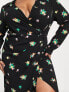 ASOS DESIGN Curve ruched front button up wrap shirt midi dress in black floral print