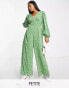 Glamorous Petite v-neck button front jumpsuit in green mini daisy print