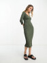 Фото #4 товара River Island v neck 3/4 sleeve ribbed midi dress in khaki