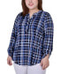 Фото #1 товара Plus Size Long Sleeve Roll Tab Sleeve Plaid Y-Neck Top