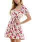 Фото #3 товара Juniors' Floral Print Puff-Sleeve Fit & Flare Dress
