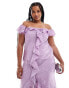 Фото #2 товара ASOS DESIGN Curve bardot ruffle front bias maxi dress in floral jacquard in lilac