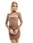 Bershka mesh wrap detail mini dress in chocolate Коричневый, XS - EU 34 - фото #1