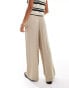 Vila Petite weighted plisse satin feel wide leg trousers in beige