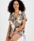 Women's Animal Stretch-Satin Notched-Collar Top & Pajama Shorts Set, Created for Macy's