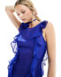 Amy Lynn blue ruffle chiffon midi dress and neck corsage in cobalt