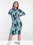 Pieces Tall exclusive bodycon mini dress in blue & black graphic print