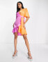 Фото #8 товара Flounce London satin flutter sleeve ruffle mini dress in contrast pink and orange