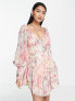 ASOS DESIGN button through babydoll mini dress in pink metallic jacquard