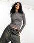 Фото #1 товара ONLY lettuce edge high neck ribbed top in dark grey