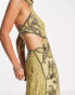 Фото #4 товара ASOS DESIGN halter embellished pencil midi dress with floral artwork and fringing in olive