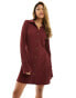 ASOS DESIGN textured long sleeve mini dress with button front and collar in burgundy