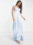 Vila Bridesmaid satin v neck maxi dress with train in pastel blue