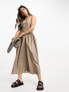 ASOS DESIGN – Midi-Skater-Kleid aus Baumwolle in Taupe mit tief angesetzter Taille