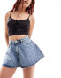 Monki flare denim shorts in two tone mid blue wash Голубой, W24 - фото #1