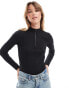 Threadbare ribbed high neck half zip long sleeve bodysuit in black