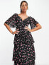 ASOS DESIGN pleated midi dress with tiered skirt in black based pink floral