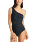 Фото #1 товара Women's Solid One-Shoulder One-Piece Swimsuit With Mesh Cut-Outs