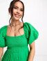 Фото #2 товара New Look shirred puff sleeve tiered dobby midi dress in bright green