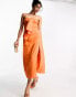 Фото #1 товара ASOS DESIGN – Trägerloses Midikleid in verwaschenem Orange mit Faltendetail