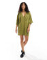 Фото #8 товара ASOS DESIGN oversized boxy mini dress with wrap collar detail in olive green