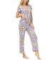 ფოტო #6 პროდუქტის Women's 2 Piece Printed Short Sleeve Henley Top with Wide Pants Pajama Set