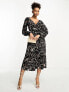 Фото #7 товара Vila textured abstract wrap front midi dress in black and brown