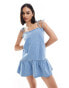 Фото #3 товара Bershka denim strappy tiered hem mini dress in blue