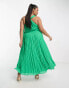 ASOS DESIGN Curve jacquard check plunge neck pleat midi dress with tie straps in emerald green