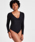 ფოტო #1 პროდუქტის Women's V-Neck Shine Rib-Knit Bodysuit, Created for Macy's