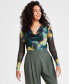 ფოტო #1 პროდუქტის Petite Printed Long-Sleeve Cowlneck Mesh Top, Created for Macy's