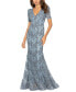 Women's Floral Soutache Sequin Puff-Sleeve Lace Gown