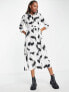 Pieces exclusive midi button through shirt dress in white & black print