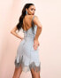 ASOS LUXE scalloped denim mini dress with diamante tassles in blue