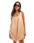 ASOS DESIGN draped asymmetric twill mini dress with bubble hem in tan Розовый, 38 - фото #2