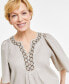 Фото #3 товара Women's 100% Linen Embellished Split-Neck Top, Created for Macy's