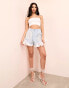 ASOS LUXE embellished denim shorts with organza trim in mid wash blue