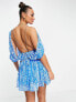ASOS DESIGN blouson mini dress with chain strapping detail in blue floral