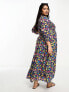 Фото #5 товара ASOS DESIGN Curve midi smock dress with shirred cuffs in black based multi floral print