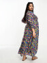 ASOS DESIGN Curve midi smock dress with shirred cuffs in black based multi floral print