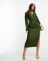 ASOS DESIGN flute sleeve collared wrap midi dress with gathers in dark green