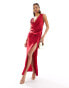 ASOS DESIGN satin cowl neck maxi dress with ruching detail in dark red