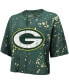 ფოტო #3 პროდუქტის Women's Threads Green Distressed Green Bay Packers Bleach Splatter Notch Neck Crop T-shirt