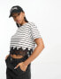 Фото #1 товара Miss Selfridge boxy short sleeve stripe crop top with lace hem in black and white