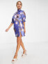 ASOS DESIGN satin mini mixed floral dress with waist detail and frill sleeves in blue