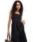 French Connection shirred broderie midi sun dress in black